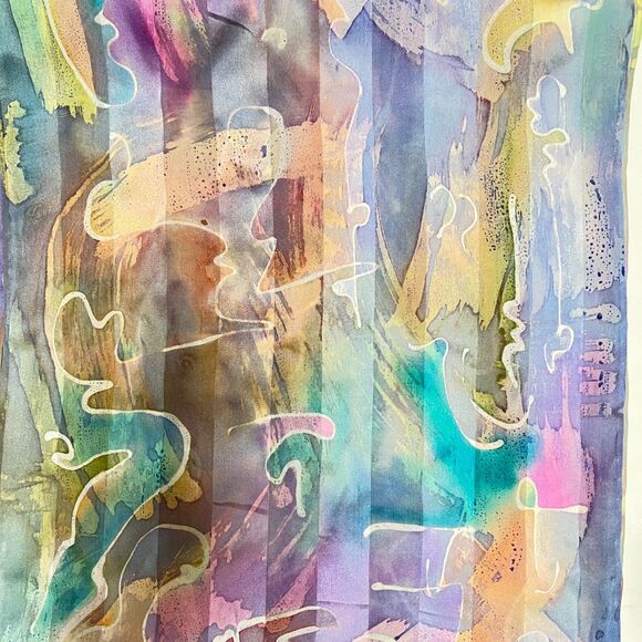 Silk scarf mulitcolor blue pinks abstract rectangular - Picture 2 of 6